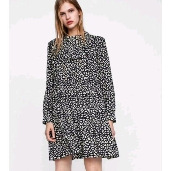Zara Woman Size Small Ruffle Animal Print Rayon Mini Dress - Picture 1 of 8